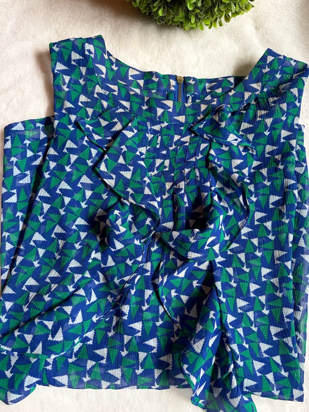 Duro Olowu Sleeveless Ruffle Front Geometric Print Top - Blue/Green large